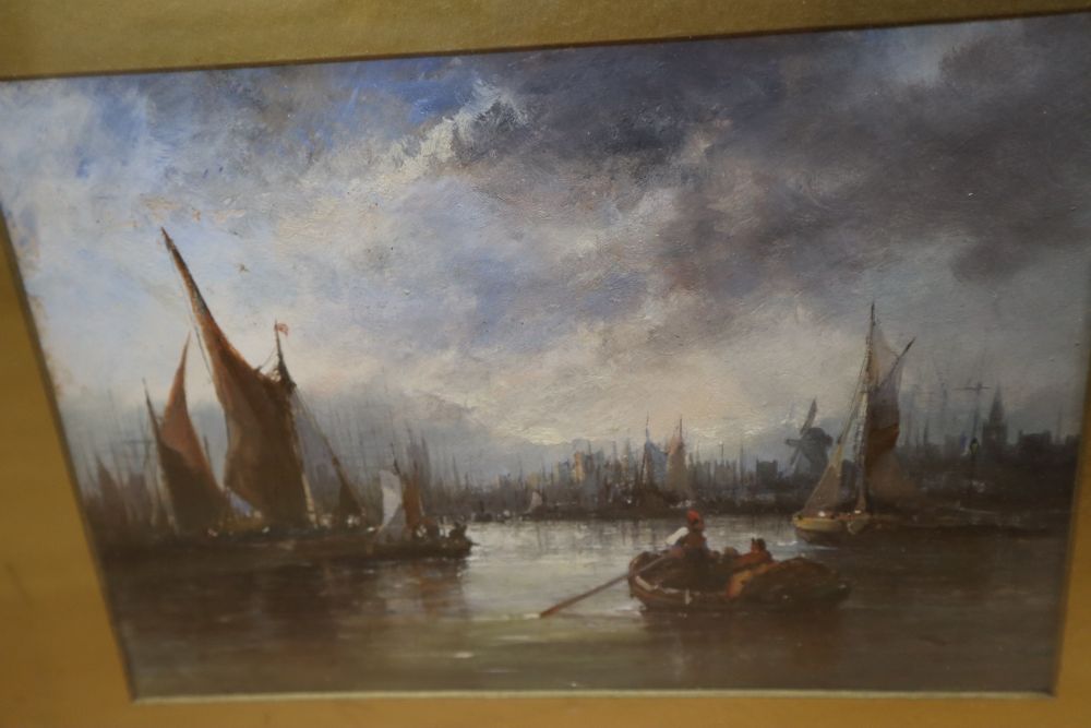 A 19th century Continental oil on board of a man wearing a turban and another oil on board of a river with shipping